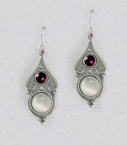 Sterling Silver White Moonstone And Garnet Gemstone Drop Dangle Earrings